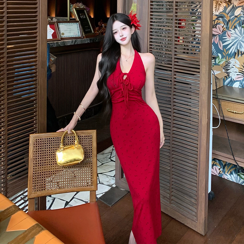 Red Halter Neck Dress Women French V Neck Sleeveless Slim Backless Bodycon Floral Knit Long Dress - Image 2
