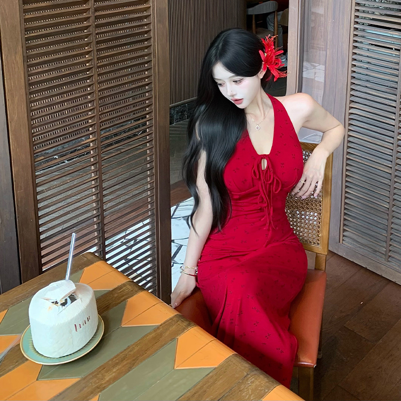 Red Halter Neck Dress Women French V Neck Sleeveless Slim Backless Bodycon Floral Knit Long Dress - Image 3