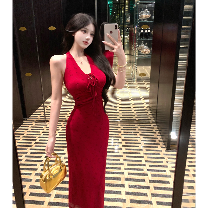Red Halter Neck Dress Women French V Neck Sleeveless Slim Backless Bodycon Floral Knit Long Dress - Image 4
