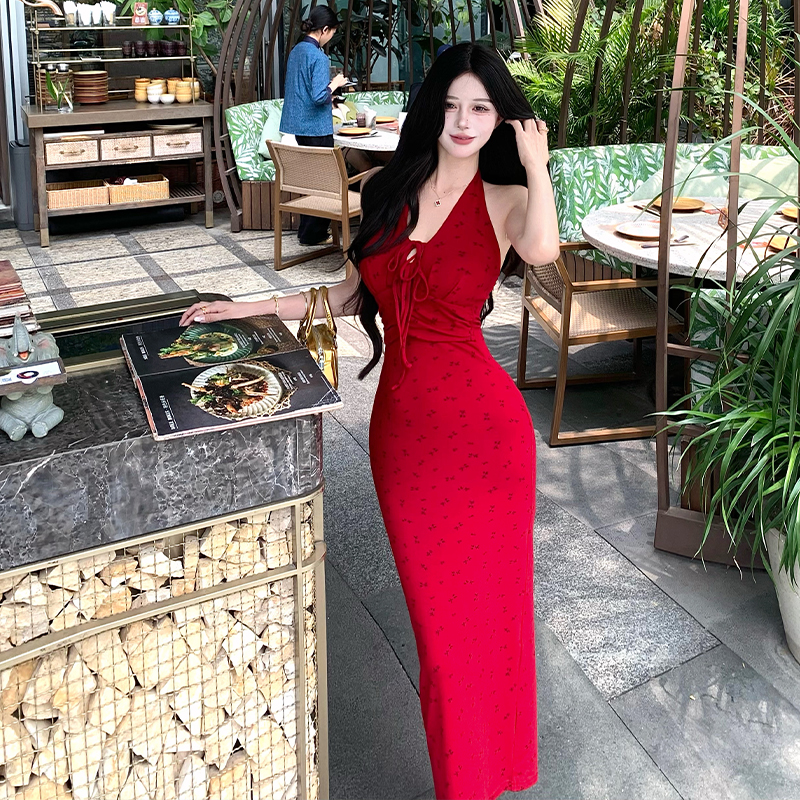 Red Halter Neck Dress Women French V Neck Sleeveless Slim Backless Bodycon Floral Knit Long Dress - Image 5