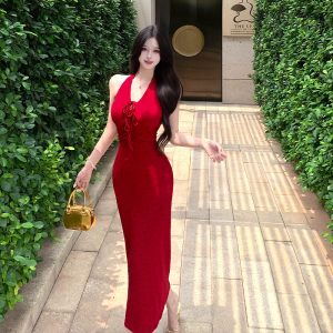 Red Halter Neck Dress Women French V Neck Sleeveless Slim Backless Bodycon Floral Knit Long Dress