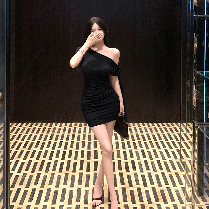 Korean Style Pure Desire Ribbon Slanted Neck Short Sleeve Solid Dress Women - Image 3