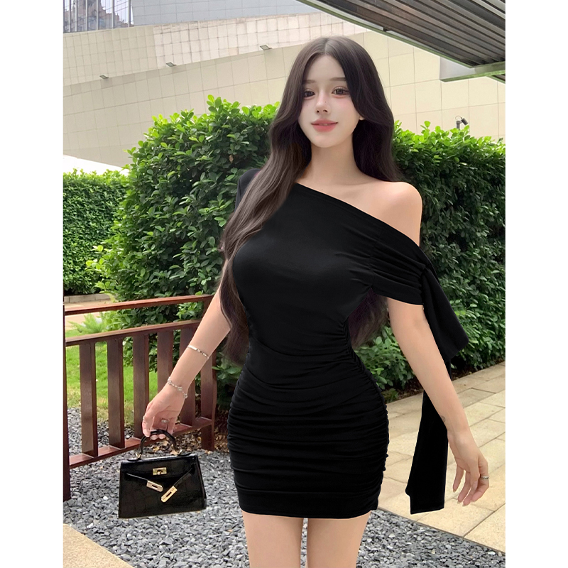 Korean Style Pure Desire Ribbon Slanted Neck Short Sleeve Solid Dress Women - Image 5