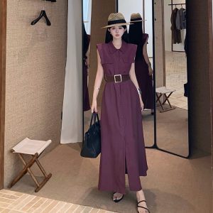 French Retro Sleeveless Shirt Dress with Belt