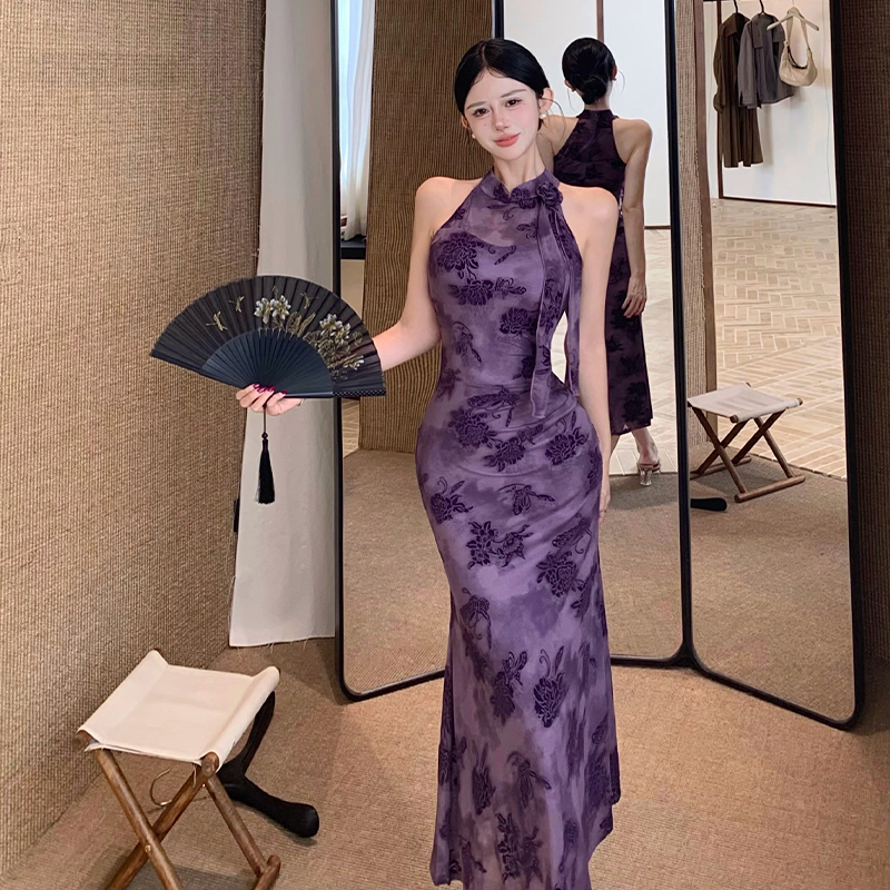 New Chinese Style Improved Qipao Dress with Flocked Flowers and Stretch Mesh Bodycon Mermaid Long Dress - Image 3