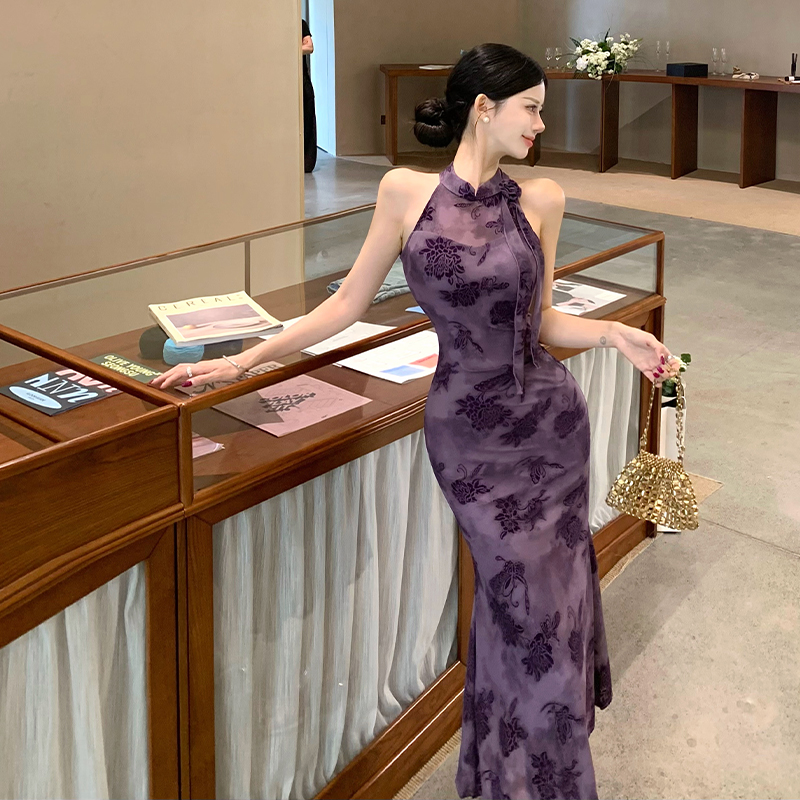 New Chinese Style Improved Qipao Dress with Flocked Flowers and Stretch Mesh Bodycon Mermaid Long Dress - Image 2
