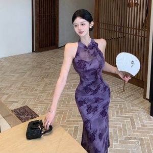 New Chinese Style Improved Qipao Dress with Flocked Flowers and Stretch Mesh Bodycon Mermaid Long Dress