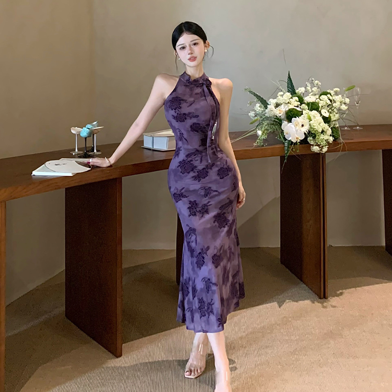 New Chinese Style Improved Qipao Dress with Flocked Flowers and Stretch Mesh Bodycon Mermaid Long Dress - Image 5