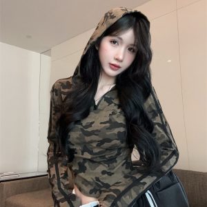 2025 Autumn New Hot Girl Style Camo Hooded Long Sleeve T-Shirt with Zipper Slim Fit Top