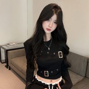 2025 Korean Style Round Neck Long Sleeve Slim Fit Women T-Shirt