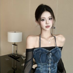 Women's American Spicy Girl Denim Halter Faux Two-Piece Mesh Long Sleeve Vintage Sexy Off-Shoulder Crop Top