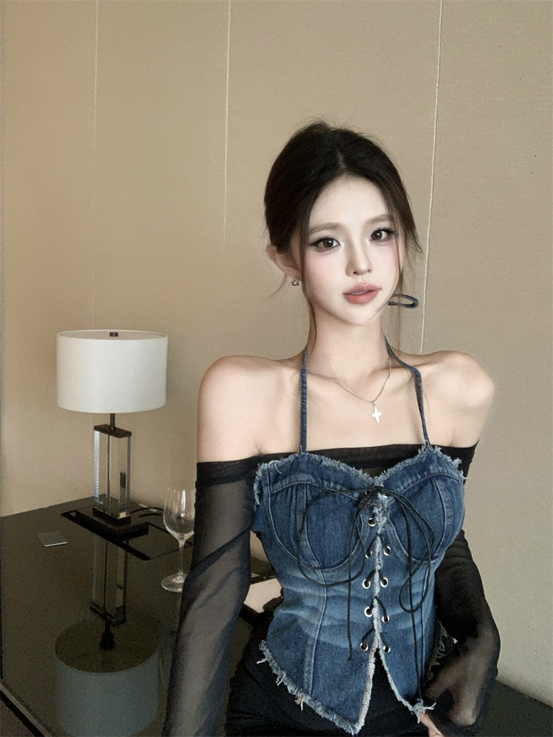 womens-american-spicy-girl-denim-halter-faux-two-piece-mesh-long-sleeve-vintage-sexy-off-shoulder-crop-top