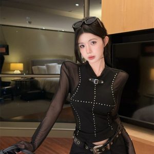 Sheer Mesh Studded Lantern-Sleeve T-Shirt for Women - 2025 Fall Slim-Fit Sexy Top