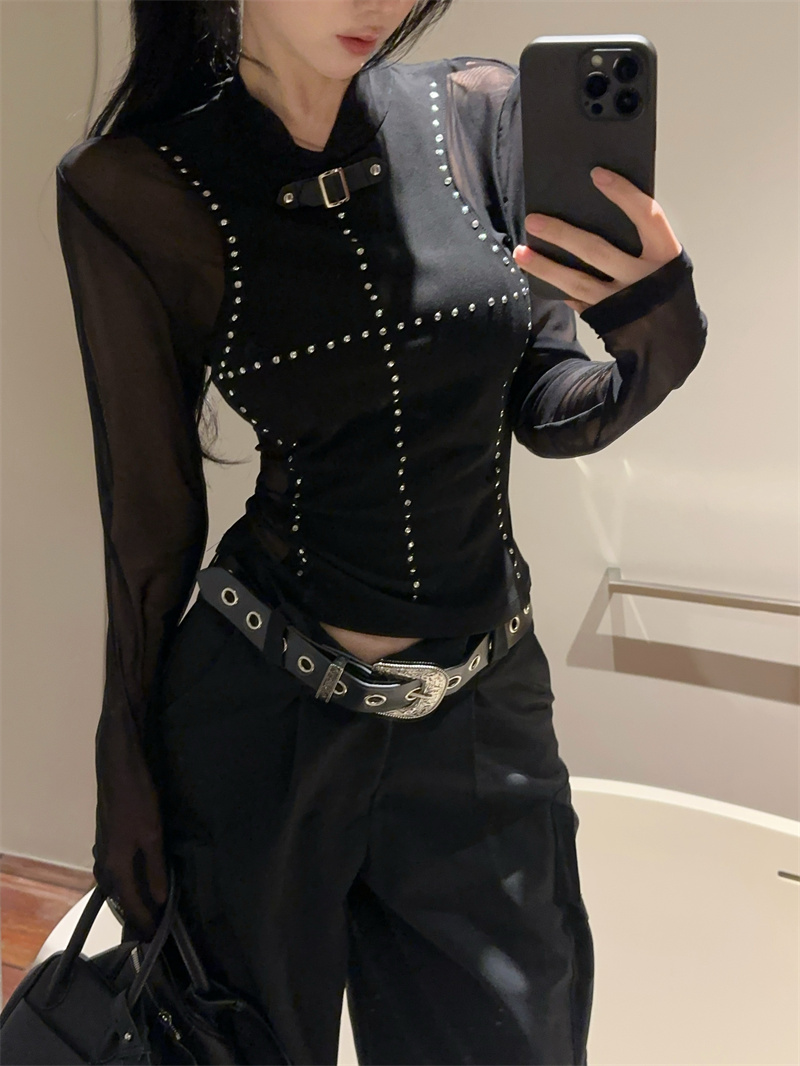 Sheer Mesh Studded Lantern-Sleeve T-Shirt for Women - 2025 Fall Slim-Fit Sexy Top - Image 4