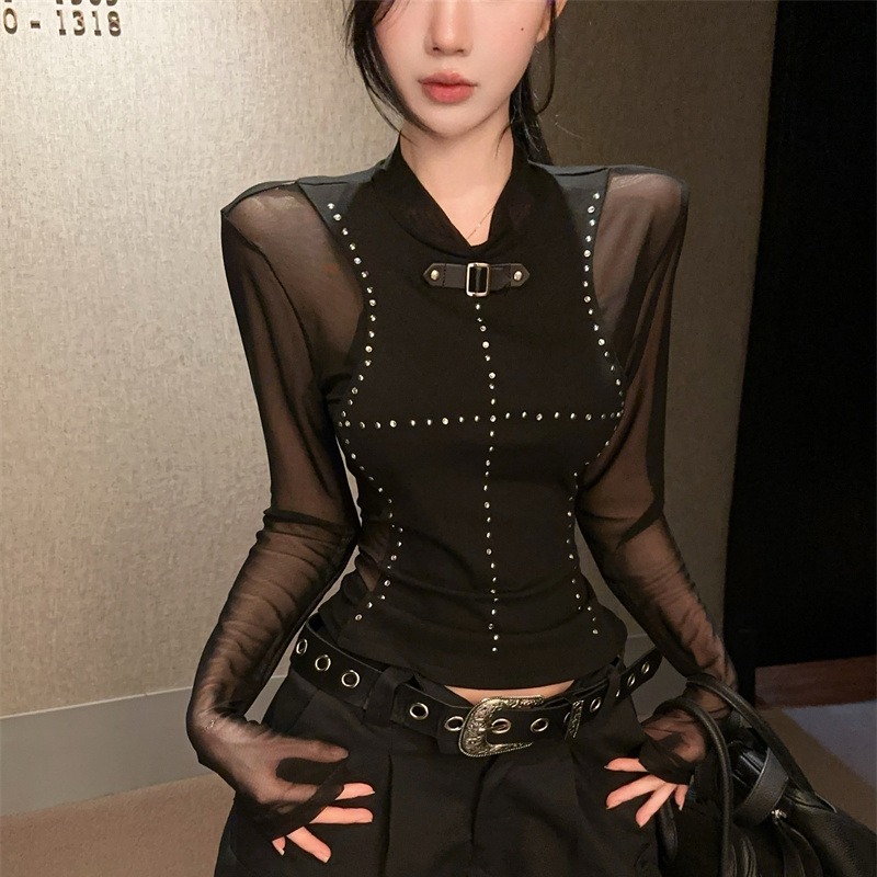 Sheer Mesh Studded Lantern-Sleeve T-Shirt for Women - 2025 Fall Slim-Fit Sexy Top - Image 5