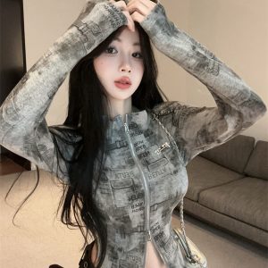 American Retro Tie-Dye Cropped Jacket with Stand Collar Slim Fit Cardigan