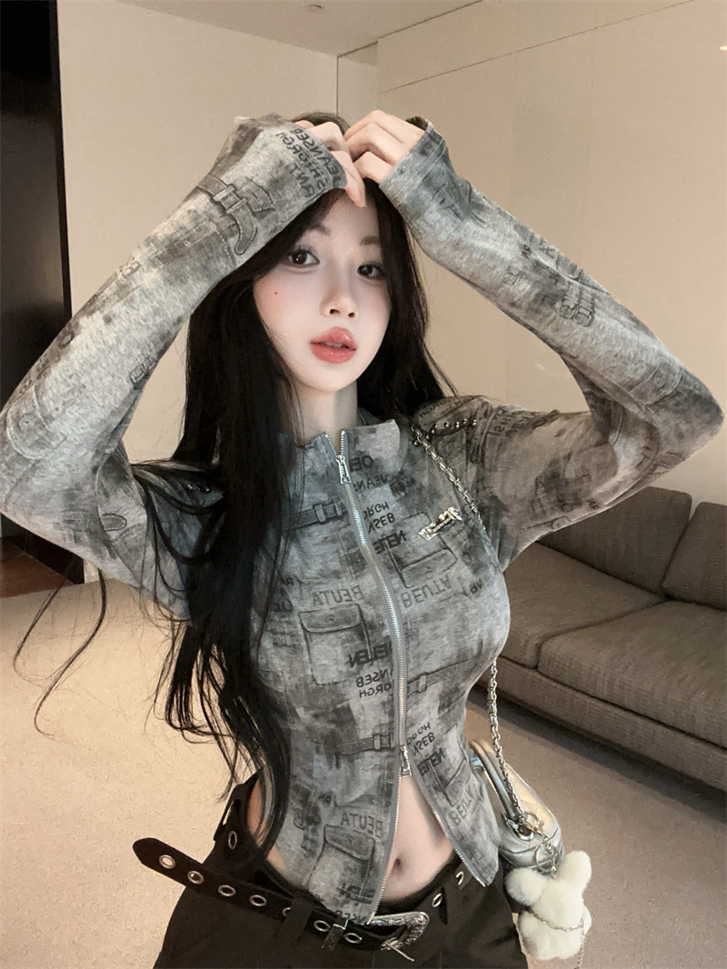 American Retro Tie-Dye Cropped Jacket with Stand Collar Slim Fit Cardigan
