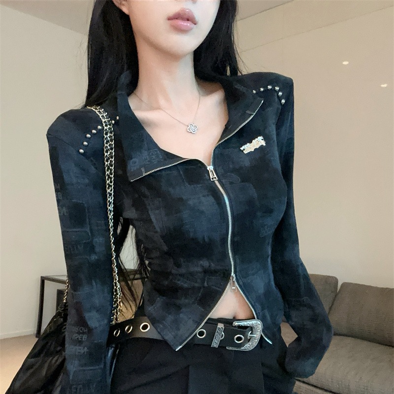 American Retro Tie-Dye Cropped Jacket with Stand Collar Slim Fit Cardigan - Image 5