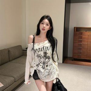 Women Y2K One-Shoulder Distressed Long-Sleeve Top Apricot Gray