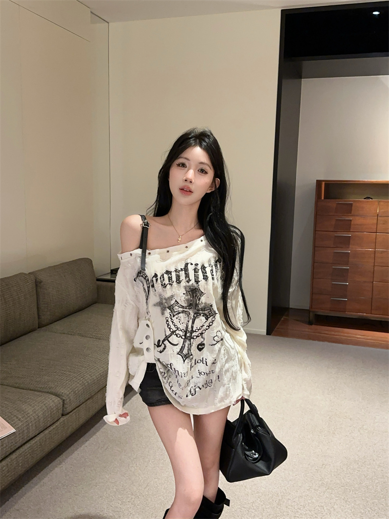 Women Y2K One-Shoulder Distressed Long-Sleeve Top Apricot Gray
