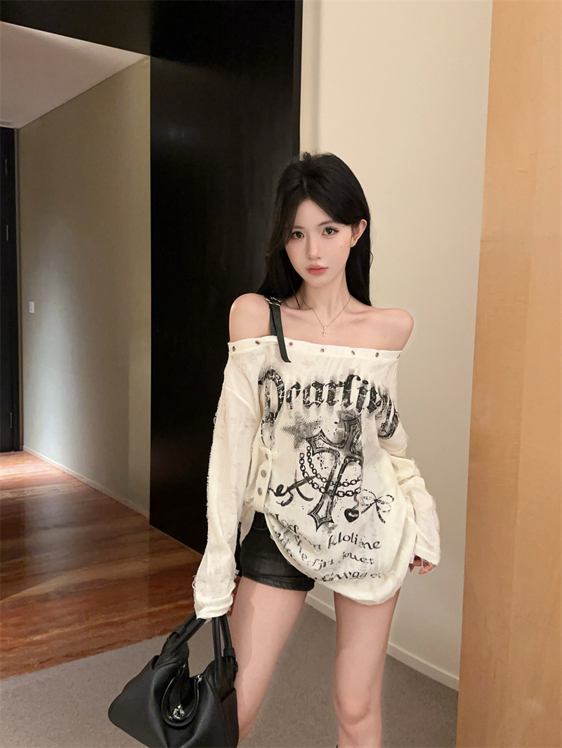 Women Y2K One-Shoulder Distressed Long-Sleeve Top Apricot Gray - Image 3