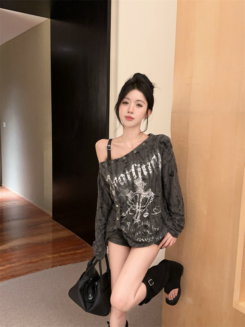Women Y2K One-Shoulder Distressed Long-Sleeve Top Apricot Gray - Image 4