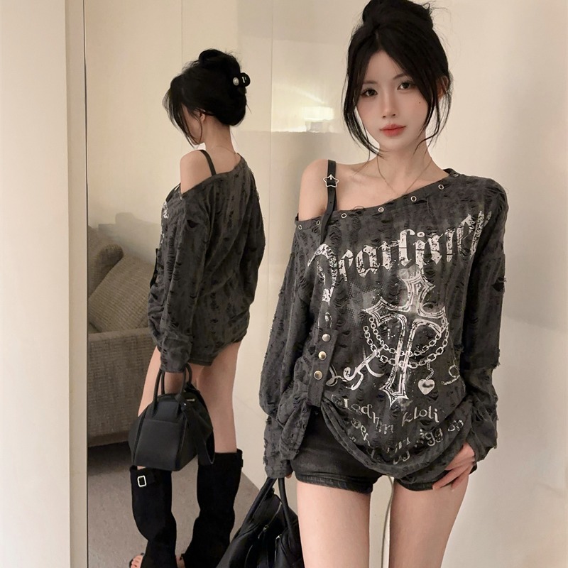 Women Y2K One-Shoulder Distressed Long-Sleeve Top Apricot Gray - Image 5