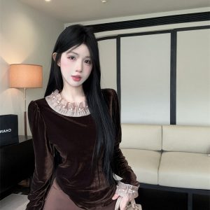 Women's Velvet Bubble Sleeve Shirt 2025 Fall Inner Top