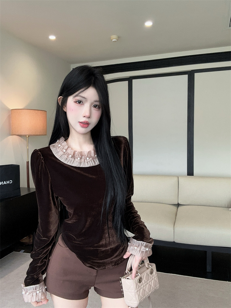 Women's Velvet Bubble Sleeve Shirt 2025 Fall Inner Top