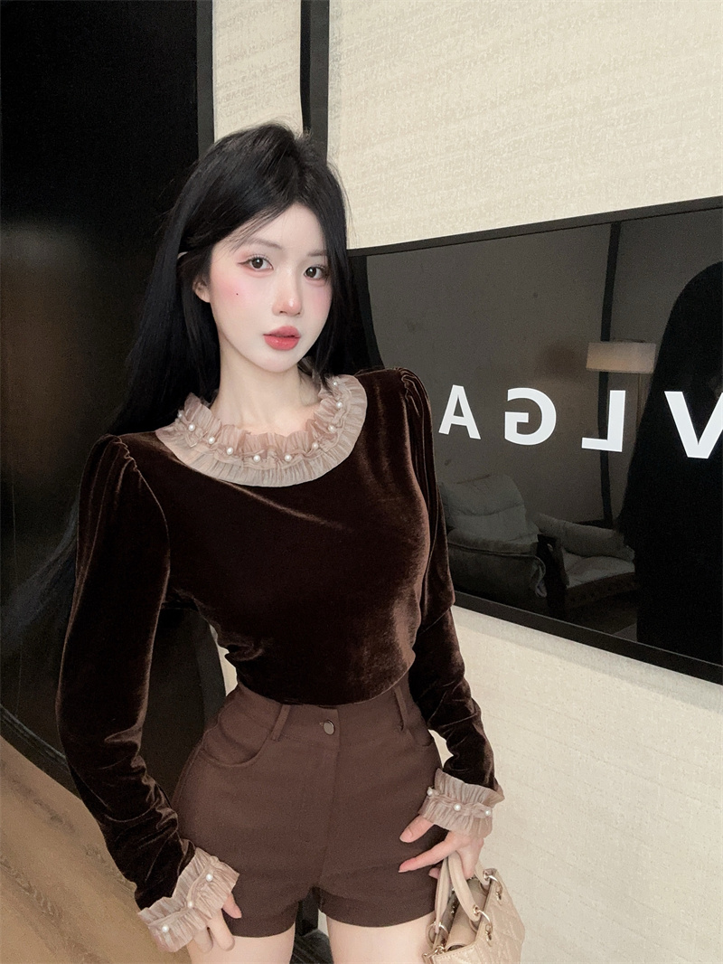Women's Velvet Bubble Sleeve Shirt 2025 Fall Inner Top - Image 2