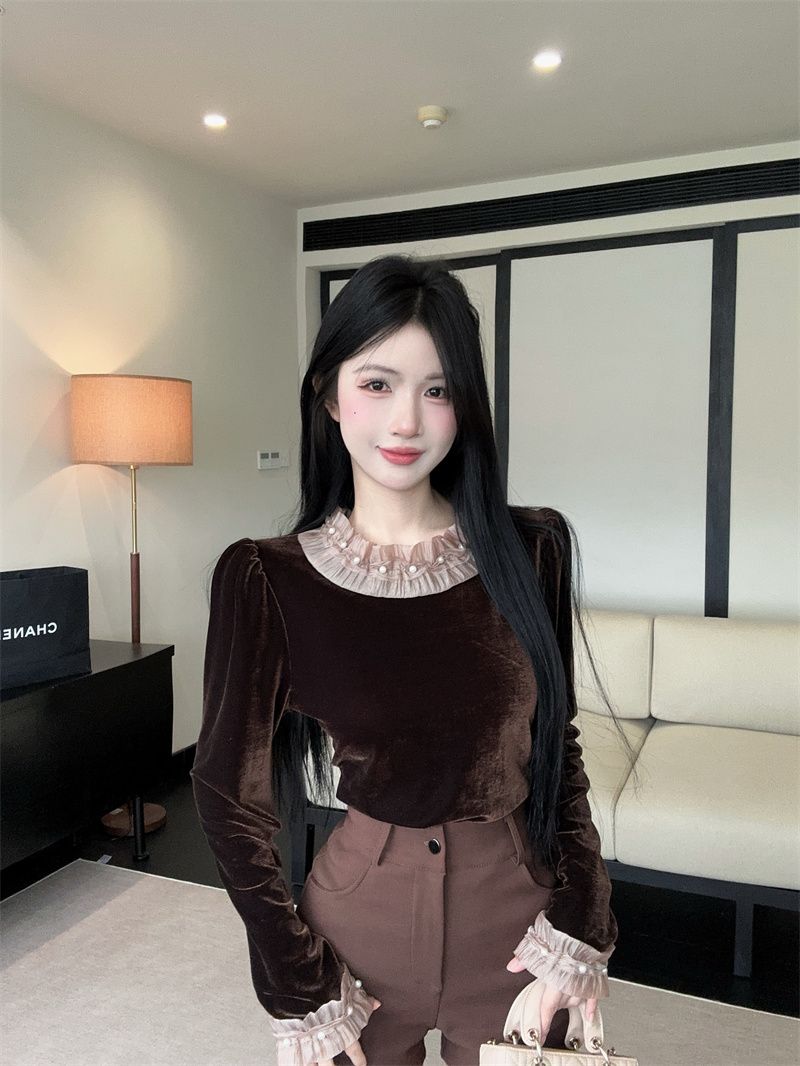 Women's Velvet Bubble Sleeve Shirt 2025 Fall Inner Top - Image 3