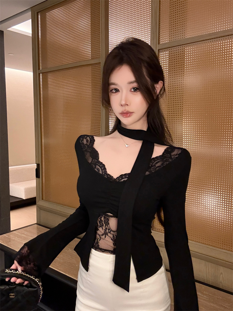 Women's Slim Fit Long Sleeve Lace Panel T-Shirt Fall 2025