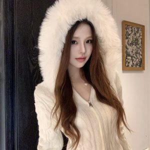 Women's Hooded Zip Cardigan Knit Sweater 2025 Winter Slim Short