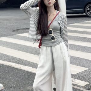 Xiaoxi Women's Spring Summer Two-Piece Set High Waist Straight Pants and Top
