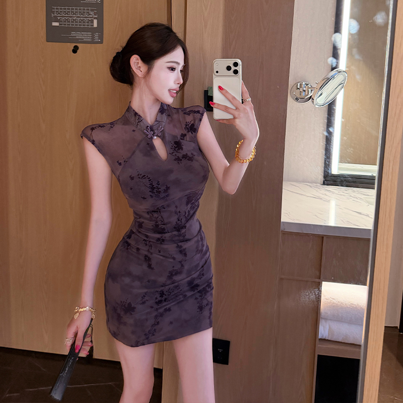 New Chinese Style Stand Collar Bodycon Mini Dress with Jacquard Mesh - Image 4