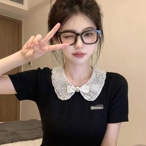 Women's Bow Collar Beaded Knit Short Sleeve Ribbed Slim Fit Cropped T-Shirt Top