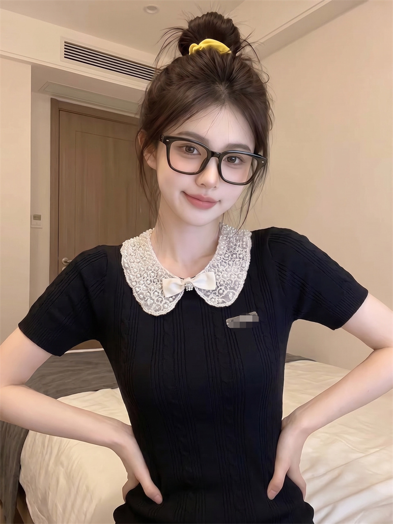 Women's Bow Collar Beaded Knit Short Sleeve Ribbed Slim Fit Cropped T-Shirt Top - Image 2