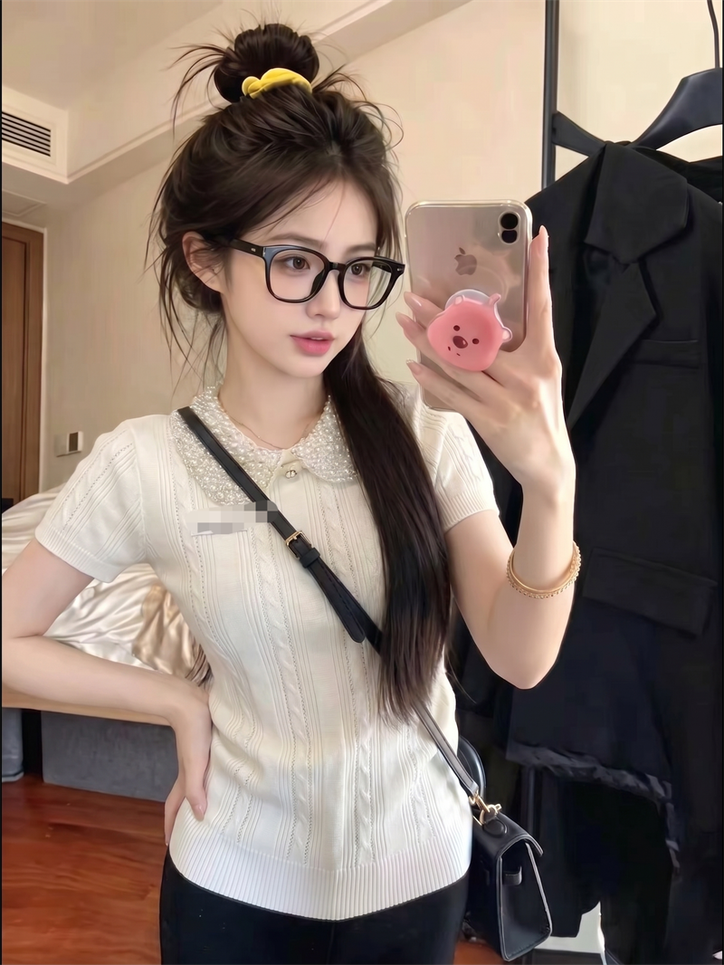Women's Bow Collar Beaded Knit Short Sleeve Ribbed Slim Fit Cropped T-Shirt Top - Image 3