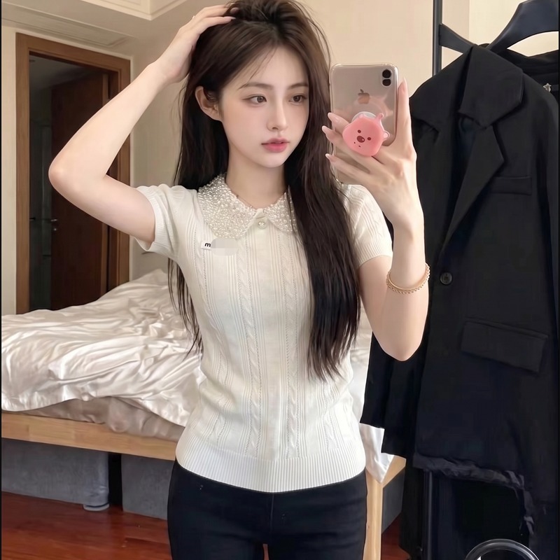 Women's Bow Collar Beaded Knit Short Sleeve Ribbed Slim Fit Cropped T-Shirt Top - Image 5