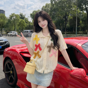 Colorful Bow Cutout Knit Top 2026 Summer Sweet Short Sleeve Cardigan