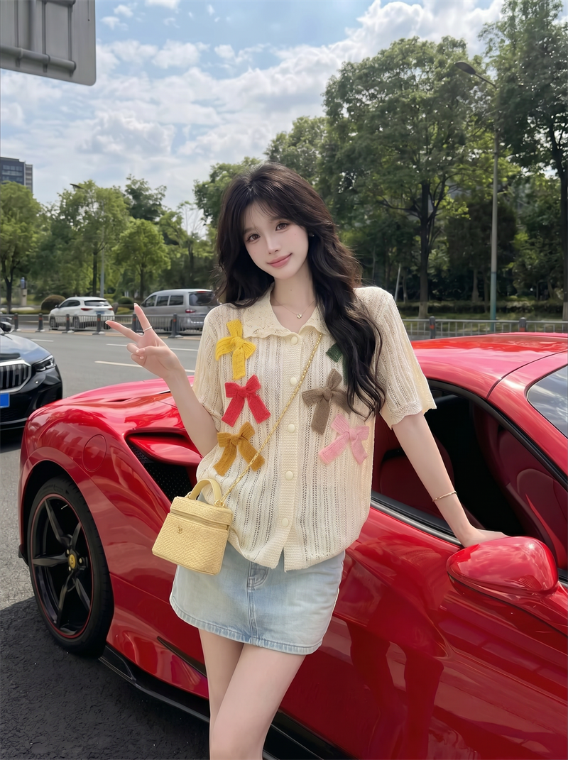 Colorful Bow Cutout Knit Top 2026 Summer Sweet Short Sleeve Cardigan