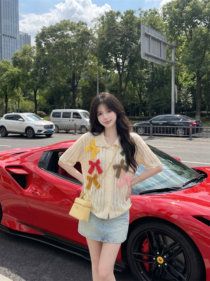 Colorful Bow Cutout Knit Top 2026 Summer Sweet Short Sleeve Cardigan - Image 2