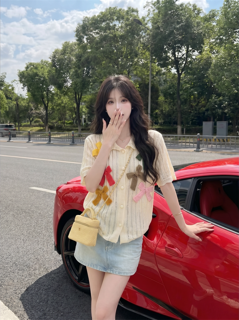 Colorful Bow Cutout Knit Top 2026 Summer Sweet Short Sleeve Cardigan - Image 3