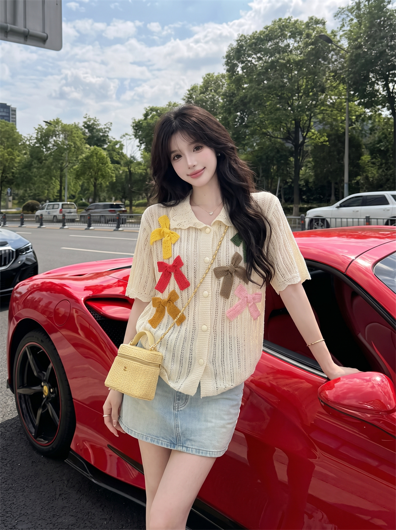 Colorful Bow Cutout Knit Top 2026 Summer Sweet Short Sleeve Cardigan - Image 4