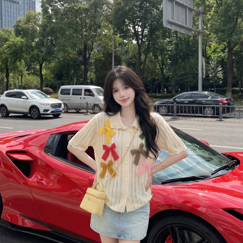 Colorful Bow Cutout Knit Top 2026 Summer Sweet Short Sleeve Cardigan - Image 5