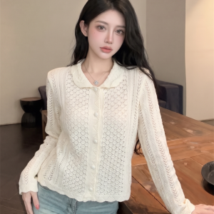 Japanese Style Hand Crochet Lace Trim Collar Openwork Knit Cardigan Top for Women