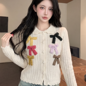 Colorful Bow Cutout Knit Sweater 2026 Autumn Sweet Long Sleeve