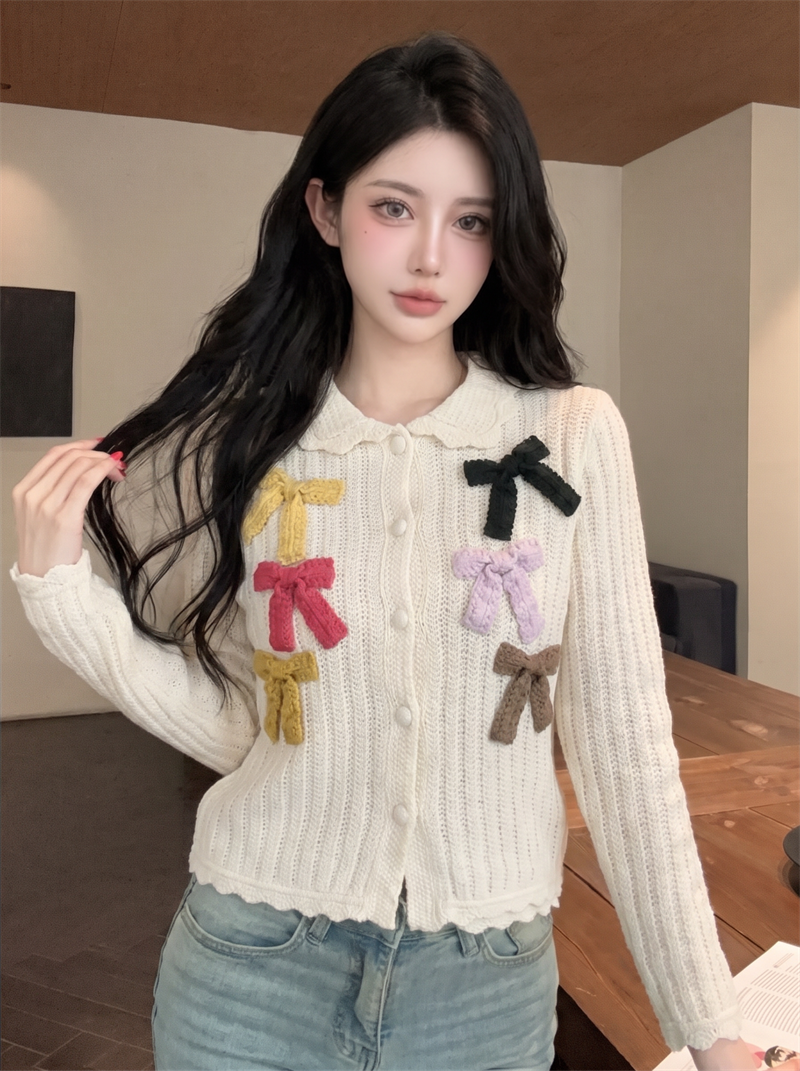 Colorful Bow Cutout Knit Sweater 2026 Autumn Sweet Long Sleeve