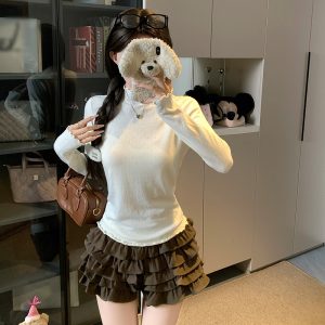 2026 Autumn Miu-Style Bow Half-Turtleneck Cutout Soft Knit Top