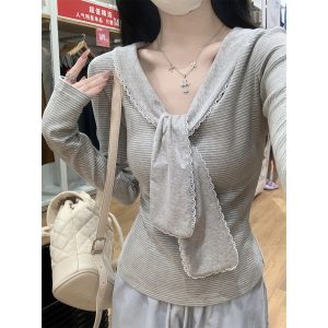 Women's Striped Long Sleeve T-Shirt with Ties - Cotton, Loose Fit, Spring